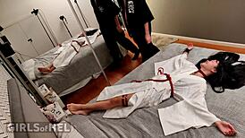 Brunette student bound and roughly fucked by handsome man in bedroom