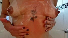 horny latina girl in the bath rubbing her tits and showing her ass, begging for cock