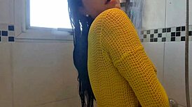 horny latina girl in the bath rubbing her tits and showing her ass, begging for cock