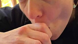 Skinny Amateur Wife Enjoys a Smoke While Giving a Sloppy Blowjob with Cum in Mouth