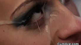 frisky beauty swallows cum after facial bukkake