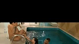 In the pool, the exhibitionist orgy features big clit licking and deep fucking.