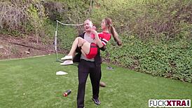 hey, this petite blonde teen football player is getting hardcore fucked with deepthroat action