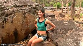 ladyboy feels intense pleasure stripping nude outdoors and jerking off to cumshot