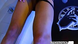 Trans Blonde Sasha De Sade Licks Dildos While Jerking Off Her Huge Toy