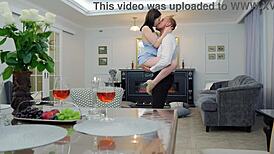 hottie brunette fucks and gets creampie on first date