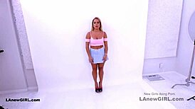 Sexy Blonde Swallows Cum on Sofa