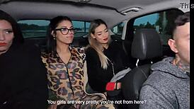 Lucky uber driver fucks three petite spanish brunettes in ass outdoor flashing small tits!