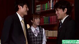 Aiko Endo threesome at the office with doggystyle and facial.