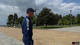 In a public threesome, the cuckold loser watches his skinny wife get fucked and humiliated by amateurs, ending with cum filling her