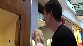 blonde mature’s wild blowjob in a public mall restroom