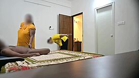 maid gives blowjob and deepthroat while cleaning room