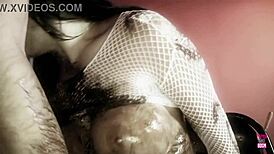 Naughty brunette and her man intensely play with dark oil and fuck doggy style.