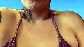 big natural tits wet in bikini at beach gym