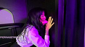 Latina brunette licks two cocks in glory hole