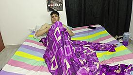 young colombian guy jerks off to spanish porn on his phone, then his stepmom joins in