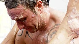 i wrestld with my shaved blonde in hot fucking, then squirted cum on dessert