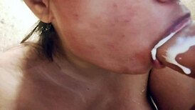 chubby babe sucks a big milky dildo in messy closeup