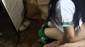 please don’t tell my boyfriend you came inside me, young student couple banging hard in front of mirror, almost caught at 19