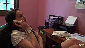 lesbian milf disciplines brunette secretary with scissor and ass licking