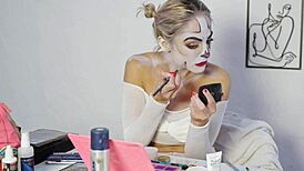 Pretty blonde does Harley Quinn makeup tutorial for Halloween