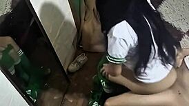 Students fuck hard, creampie in mirror 😏