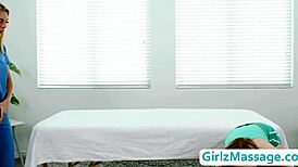 Lesbians Tiffany Watson and Scarlet Skies tribbing with masseuse!