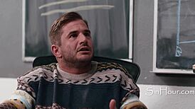 dyke teachers katrina colt and kenzie taylor help desperate male colleague nathan bronson with blowjob and tight pussy.