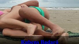 Hey, this brunette latina couple disguises as bathers and fucks doggystyle on the beach sand 😏