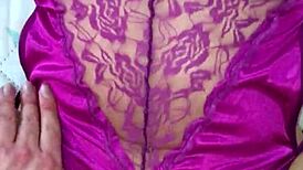 Purple satin thong contrasts with intense Colombian lingerie fuck play.