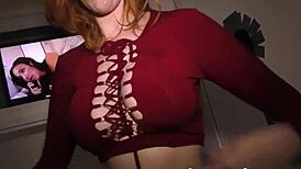 redheaded whore sucks big cock in gloryhole creampie