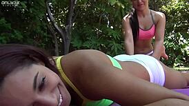Gia And Lola Lick Nipples In Outdoor Workout Cunilingus