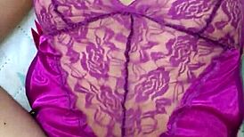 Purple satin thong contrasts with intense Colombian lingerie fuck play.