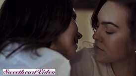 sweetheartvideo - brunette milf stares into petite 18+ babes eyes as she swirls her tongue around her pussy lips