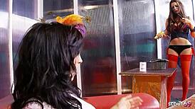 intense group activity with three women in lingerie