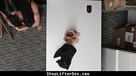 Ember Snow caught shoplifting, punished with office cowgirl sex.