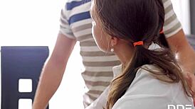 Horny Russian teen Carre bends over desk for rough banging. She craves every hard thrust from behind!