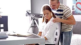 Horny Russian teen Carre bends over desk for rough banging. She craves every hard thrust from behind!