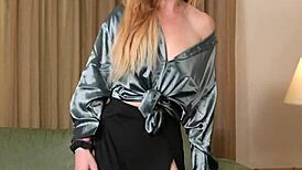 hazel ash slips into tight yoga pants and shiny shirt, modeling high heels.