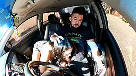 Curvy milf flashes no panties in Uber, driver can't resist