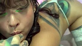 Babe with a split tongue rub her pussy against the pillow and fuck her ass