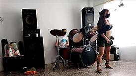 Neighbors Play Drums As She Strips And Shakes Her Huge Ass