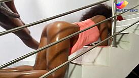 Girl next door cums multiple times during stair sex