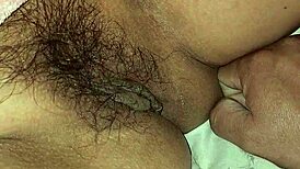 Brunette with hairy pussy shows off her beaver