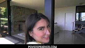 Cute teen 18+ Angeline Red in uniform swallows stepdad’s huge dick.