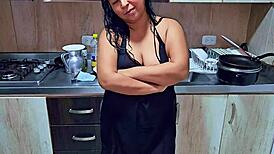 Horny stepmom squirts in kitchen, teasing stepson with wild orgasm! Want to join?