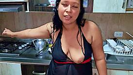 Horny stepmom squirts in kitchen, teasing stepson with wild orgasm! Want to join?