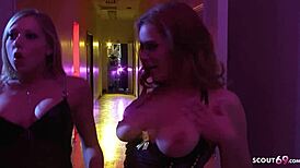Ginger teen with saggy tits and blonde friend seduce old guy for threesome