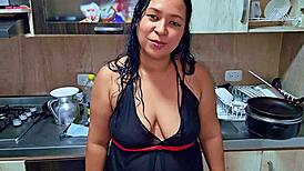 Horny stepmom squirts in kitchen, teasing stepson with wild orgasm! Want to join?