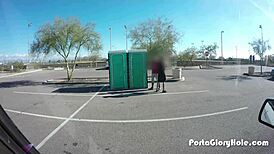 Chubby Slut Swallowing Cum at Porta Gloryhole in Public